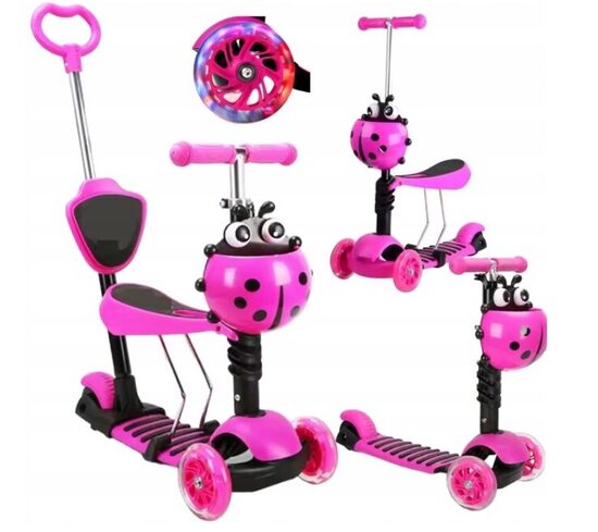 Triratis paspirtukas su stūmimo rankena Scooter 5in1, rožinis